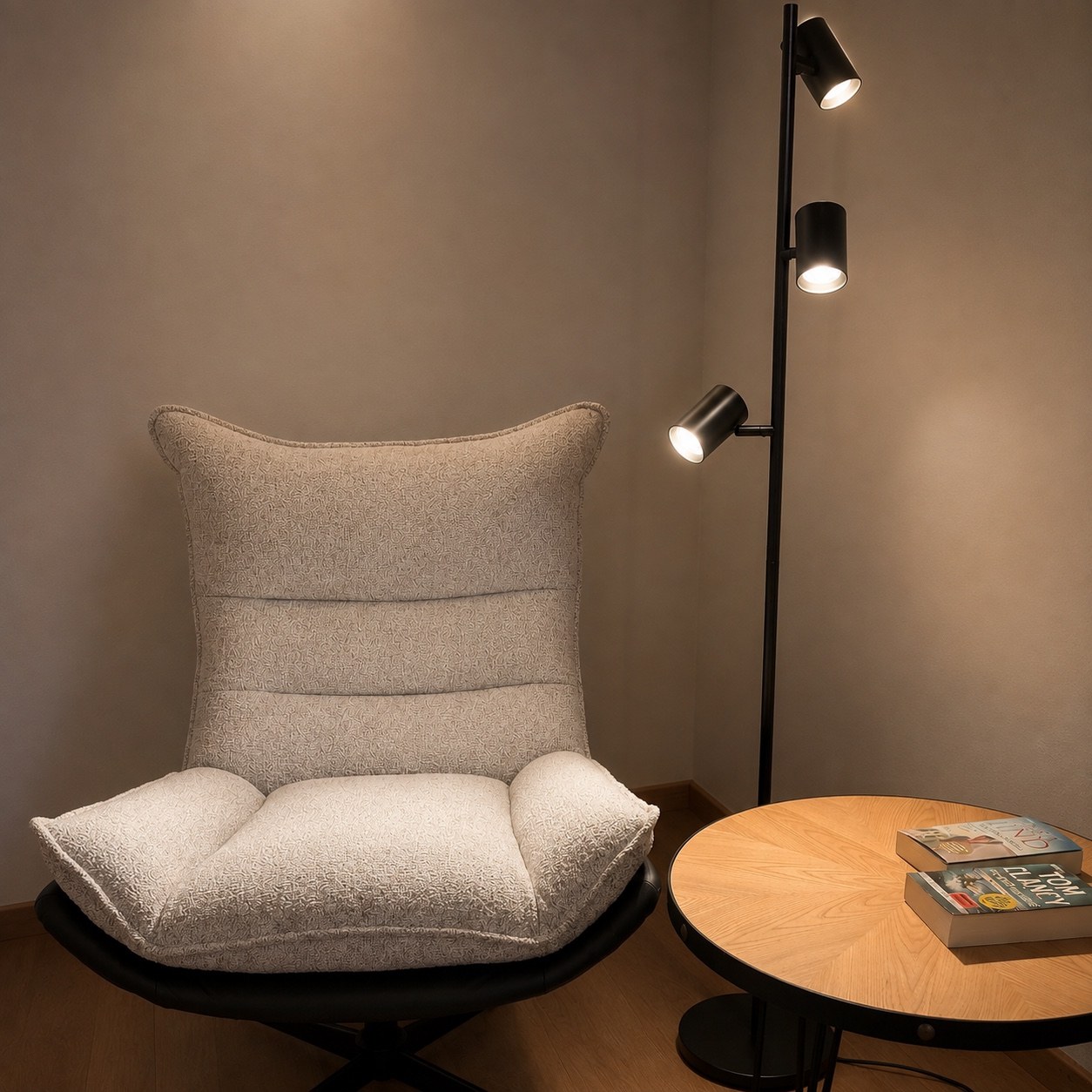 Reading corner with an armchair and floor lamp
