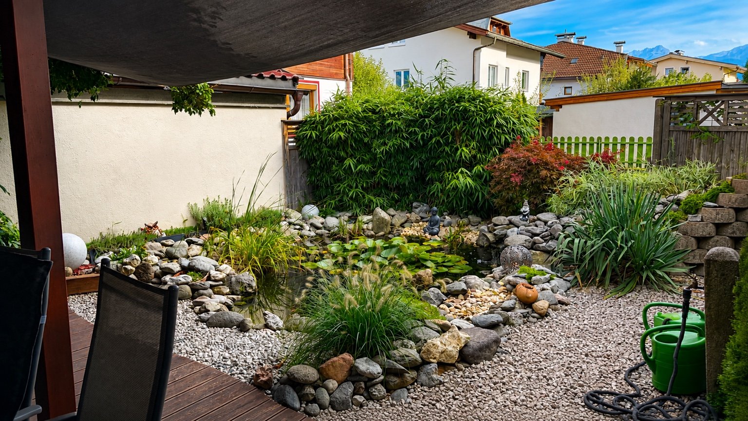 Nutzbarer Garten- und Teichbereich der Ferienwohnung